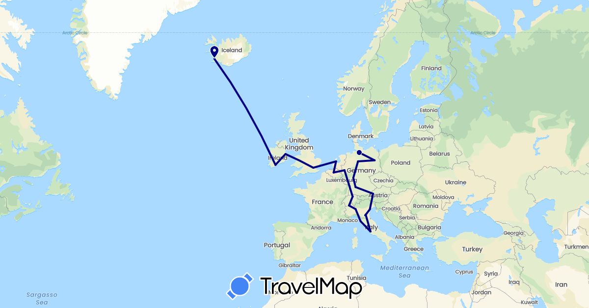TravelMap itinerary: driving in Austria, Belgium, Switzerland, Germany, United Kingdom, Ireland, Iceland, Italy, Netherlands (Europe)